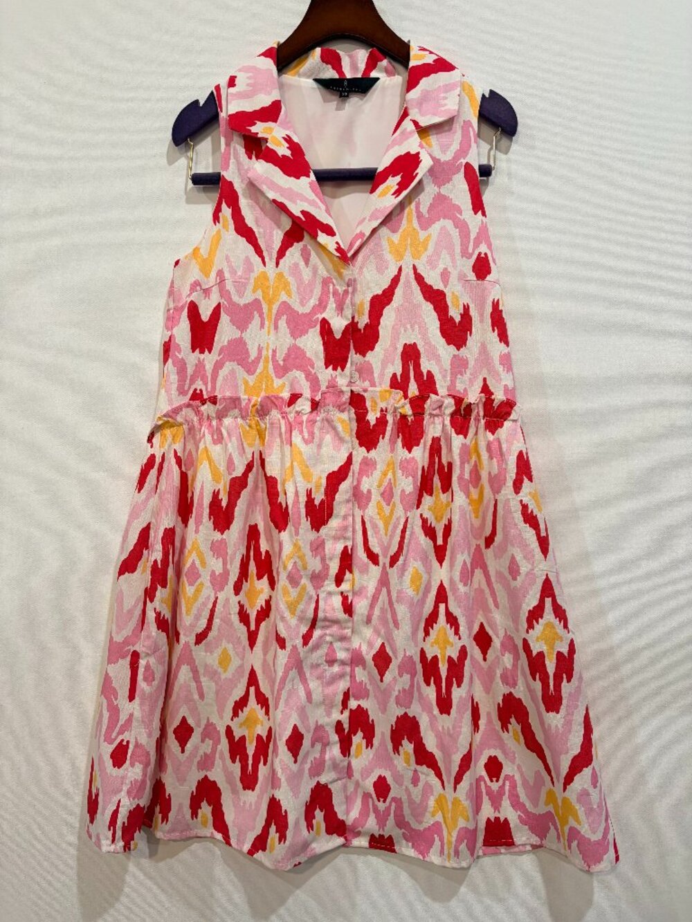 Abbey Glass Ikat Print Sleeveless Linen Blend Mini Dress XS Pink Red Yellow Coll